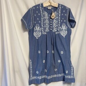 Boho Boxy Paisley Stitch Blue Tunic 100% Cotton Size M Hand Embroidery NWT